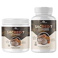 Sacred 7 Mushroom Extract Powder (2 oz) & Capsules (120 ct) - Chaga, Cordyceps, Lion's Mane, Maitake, Reishi, Shiitake & Turkey Tail - Organic Nootropic Supplement for Focus & Energy