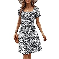 Berydress Women's Summer Dresses with Pockets Short Sleeve Square Neck Flowy A Line Casual Boho Smocked Mini Sun Dress