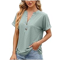 2024 Eyelet T Shirts for Women Summer Button V Neck Casual Tee Tops Casual Loose Fit Dressy Pullover Solid Blouses