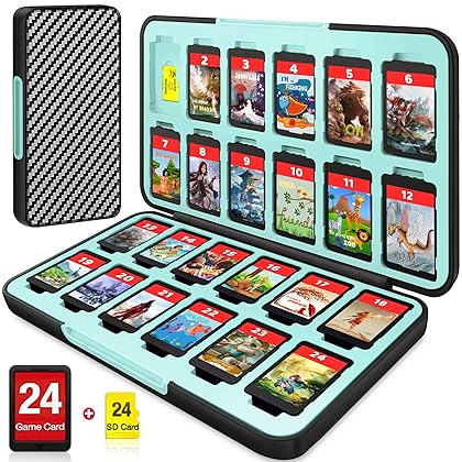 CYKOARMOR Switch Game Case Compatible with 24 Nintendo Switch Game Cards and 24 Memory Cards, Portable Switch Game Holder, Hard Shell, Soft Lining&Magnetic Closure, Stripe Black Blue