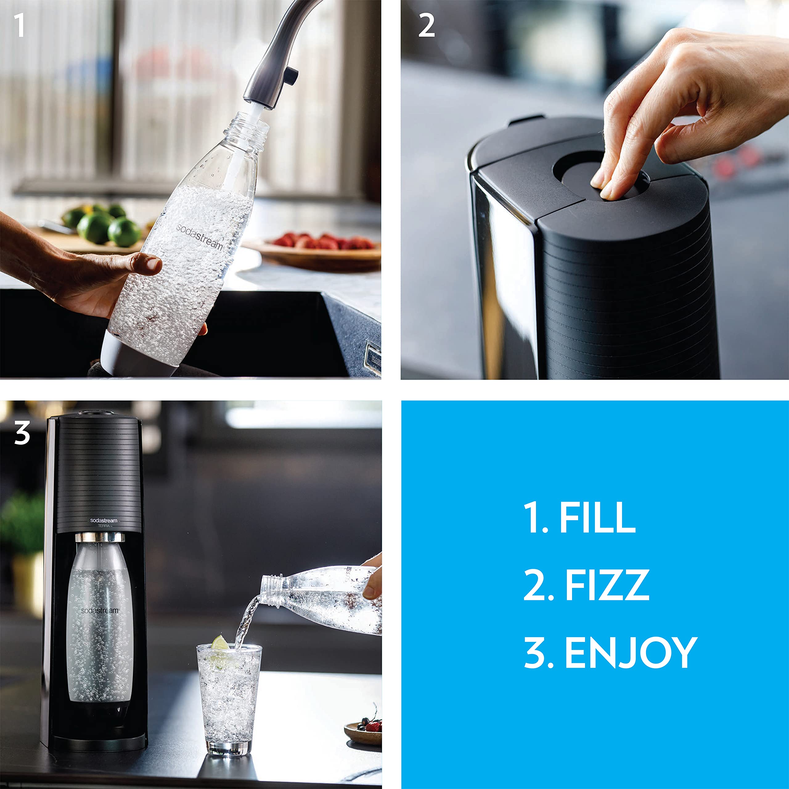 SodaStream Terra Sparkling Water Maker (Black) with CO2, DWS Bottle and Bubly Drop, Battery Powered & 60 L Co2 Exchange Carbonator, 14.5 Oz, Set of 2, Plus $15 Amazon.com Gift Card with Exchange