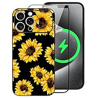 for iPhone 15 Pro Max Magnetic Case with Screen Protector Floral Sunflower Pattern Case [Compatible with Magsafe] Full Camera Protection Shockproof Protective Case