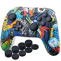 YoRHa Studded Silicone Transfer Print Cover Skin Case ONLY for Nitendo Official Switch Pro Controller x 1(Spashing Paint) with Pro Thumb Grips x 8