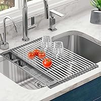 Roll Up Dish Drying Rack,Expandable Over The Sink Dish Drainer,Stainless Steel Kitchen Rolling Sink Rack with Utensil Holder,Length Up to 22.3
