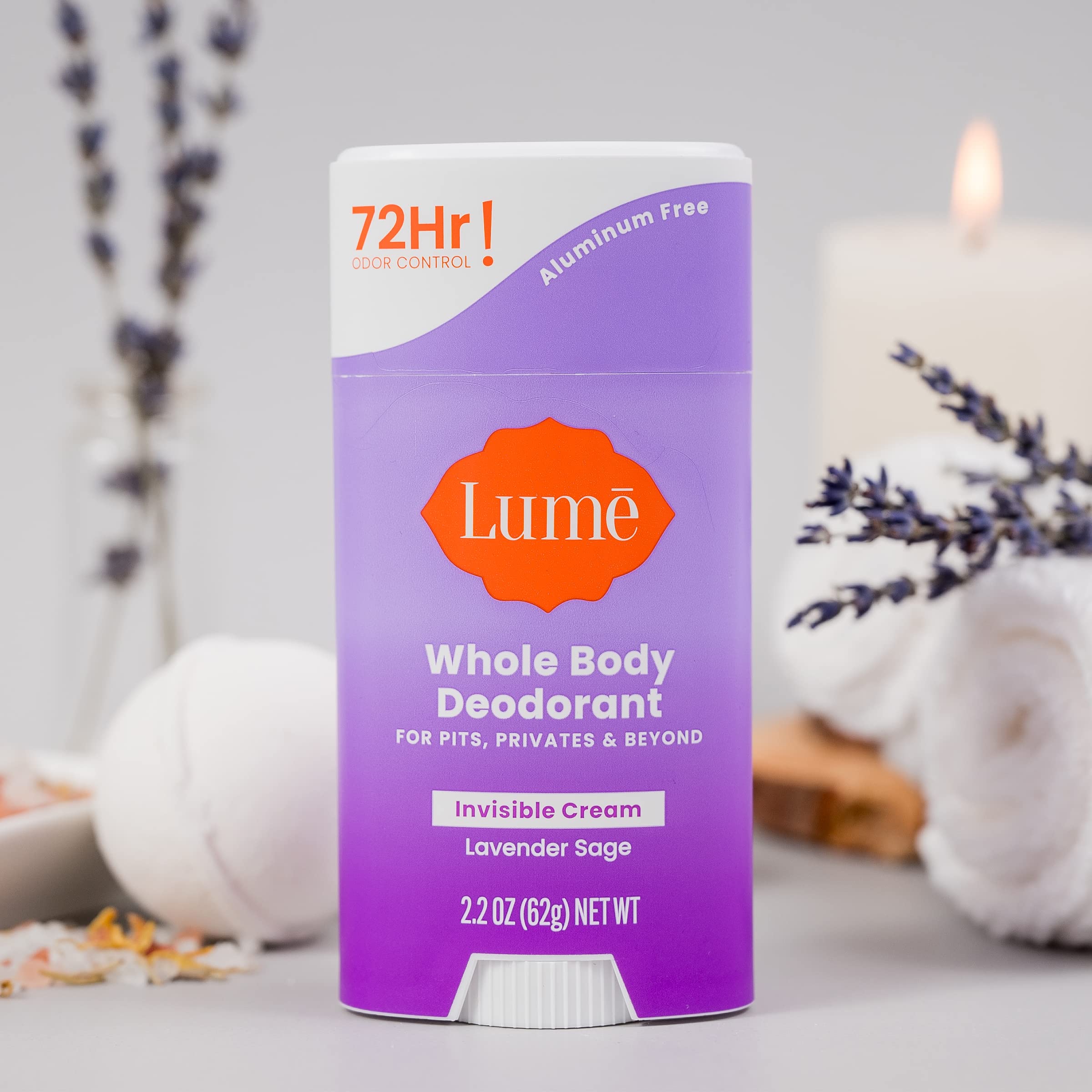 Lume Whole Body Deodorant - Invisible Cream Stick - 72 Hour Odor Control - Aluminum Free, Baking Soda Free, Skin Safe - 2.2 ounce (Lavender Sage)