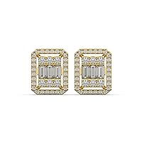 14K Yellow Gold Emerald Shape Halo Push Back Stud Earring Gift For Mother With Moissanite Round And Baguette Cut 1.7TCW D Color Diamond