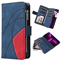 XYX Wallet Case for Samsung Galaxy A35 5G, Splicing PU Leather Flip Wallet Zipper Purse Case 9 Card Slots with Wrist Strap, Blue