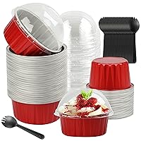 Baking Cups With Lids, 50PCS 4OZ Mini Aluminum Pans with Lids Mini Cake Pans With Lids Disposable Ramekins Individual Cake Pans with Lids Cupcake Liners Mothers Day Gifts from Daughter, Red