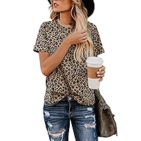 Womens Leopard Print Tops Short Sleeve Round Neck Casual T Shirts Tees