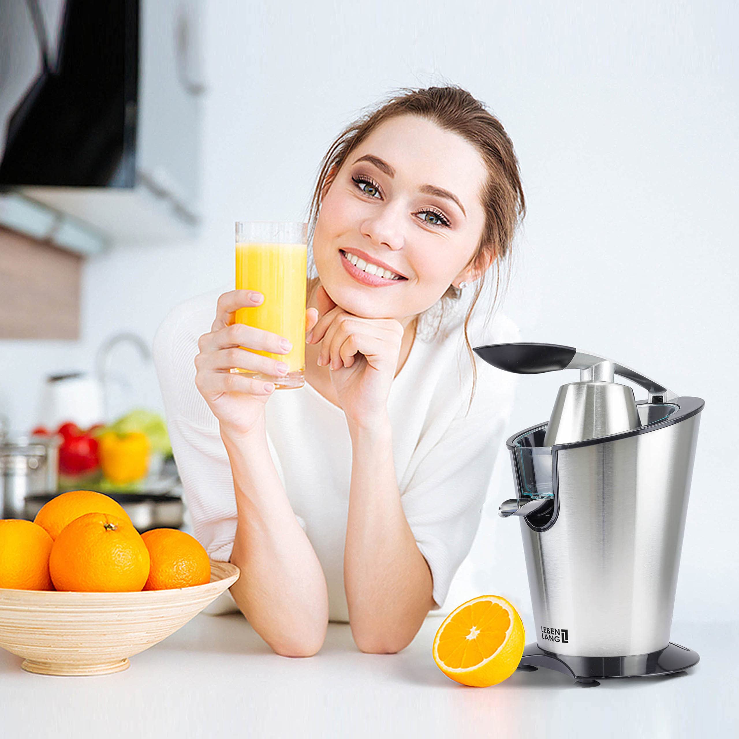 LEBENLANG - Electric juicer max. juice yield | Citrus juicer 200W+2 cones | Lemon, lime, orange, fresh fruit juice squeezer machine | Automatic lever press extractor | exprimidor de naranjas electrico