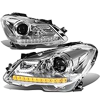 Pair Chrome 3D LED DRL Full Amber LED Turn Signal Projector Headlight Compatible with Mercedes Benz C-Class W204 11-15