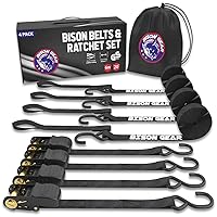 Ratchet Tie Down Straps 20ft 4 Pack by Bison Gear® UV Resistant 2200lb Heavy Duty Cargo Straps with Ergonomic Rubber Grips & Coated Deep S Hooks - Safety Standards Certified (Black)