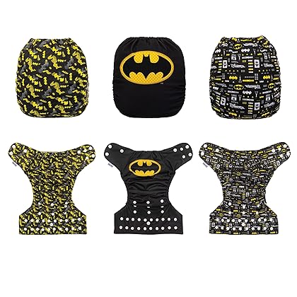 Simple Being Reusable Baby Cloth Diapers Adjustable Size, Double Gusset, Waterproof Cover, 3 Pack with 3 Inserts (DC Batman Classic)