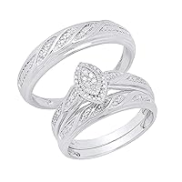 Dazzlingrock Collection 0.12 Carat Round White Diamond Marquise Framed Wedding Trio Ring Set in 925 Sterling Silver