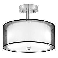 Semi Flush Mount Ceiling Light Fixture, 3-Light Drum Light with Double Fabric Shade, Modern Black Close to Ceiling Lighting for Living Room, Bedroom, Dining Room, Kitchen, Hallway, Entry