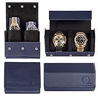 Dual Leather Travel Watch Roll Case + Leather Travel Watch Pouch (Blue/Black)