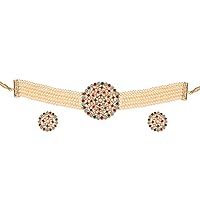 Touchstone Indian Bollywood Traditional Rhinestone Kundan Polki Faux Pearls Colorful Beads Strings Designer Jewelry Choker Necklace Set in Antique or Gold Tone for Women.