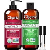 Cliganic Organic Carrier Oil Duo - Jojoba Oil 16oz and Castor Oil 16oz