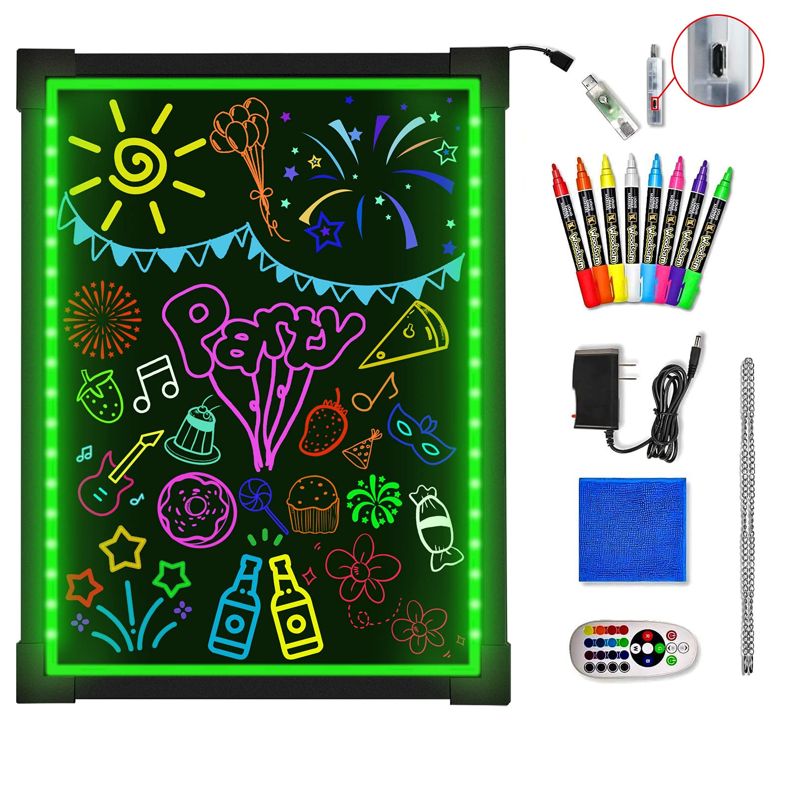 Woodsam LED Message Board- 28" X 20" Inches Erasable Writing Drawing Neon Sign with 8 Colorful Markers - Perfect for Children, Back to Scho...