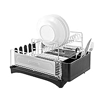 happimess DSH1001A Compact 18.25' 2-Tier Fingerprint-Proof Stainless Steel Dish Drying Rack, Dish Rack with Swivel Spout Tray, Utensil Holder, Stainless Steel/Black, Silver/Black