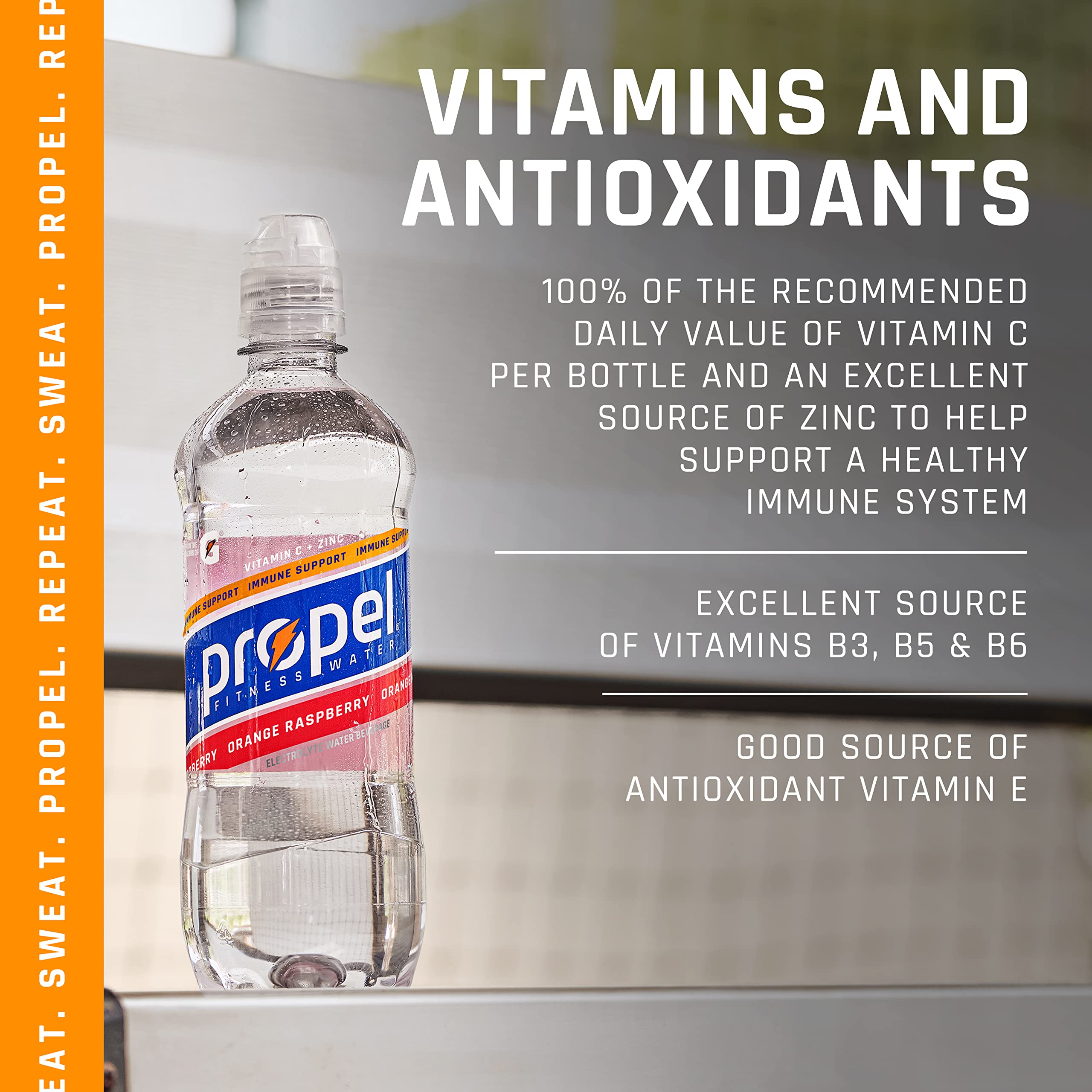 Propel Immune Support with Vitamin C + Zinc, Lemon Blackberry & Orange Raspberry Variety Pack, 24oz Bottles (Pack of 12)