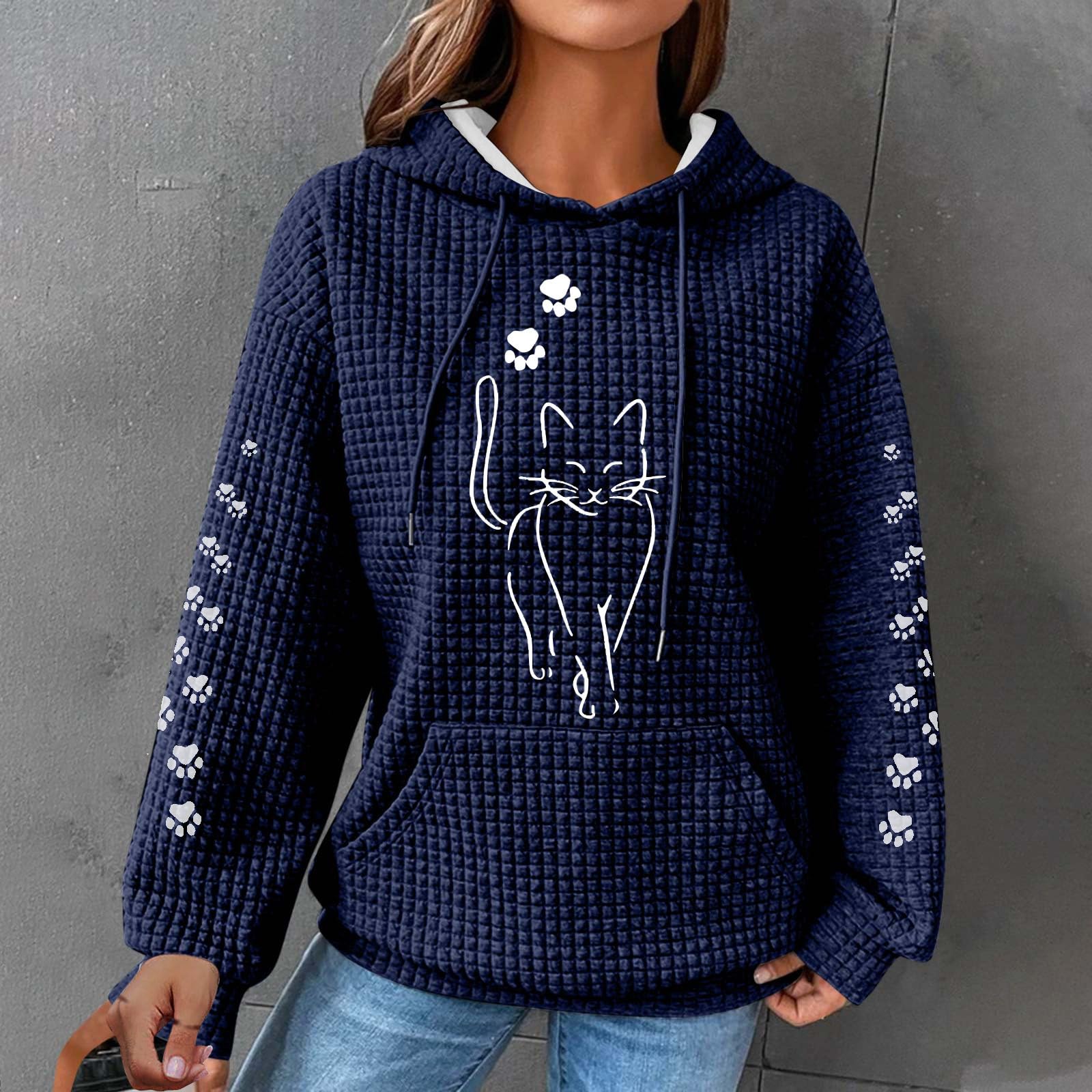 Ausyst Women Waffle Knit Hoodies Cute Cat Printed Drawstring Pullover Sweatshirts Fashion Casual Sweaters Comfy Fall Clothes