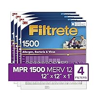 Filtrete 12x12x1 AC Furnace Air Filter, MERV 12, MPR 1500, CERTIFIED asthma & allergy friendly, 3 Month Pleated 1-Inch Electrostatic Air Cleaning Filter, 4-Pack (Actual Size 11.81x11.81x0.78 in)