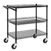 Finnhomy 3 Tier Heavy Duty Commercial Grade Utility Cart, Wire Rolling Cart with Handle Bar, Steel Service Cart with Wheels, Kitchen Cart on Wheels, Food Storage Trolley, NSF Listed, Black