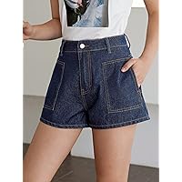 Jean Shorts Womens Slant Pocket Denim Shorts (Color : Dark Wash, Size : 27)