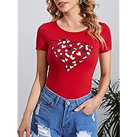 Women's T-Shirt Heart Print Form Fitted Tee T-Shirt for Women (Color : Red, Size : X-Small)