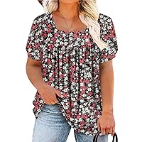 VISLILY Womens-Plus-Size-Summer-Tops Petal Short Sleeve T Shirts Square Neck Blouses Flowy Pleated Tunics XL-5XL