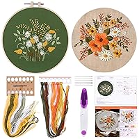 FEPITO 2 Sets Full Range Embroidery Starter Kit with Pattern and Instructions Cross Stitch Kit Includes 2 Pcs Embroidery Clothes with Floral Pattern, 1 Pcs Plastic Embroidery Hoops, 1 Pcs Scissor
