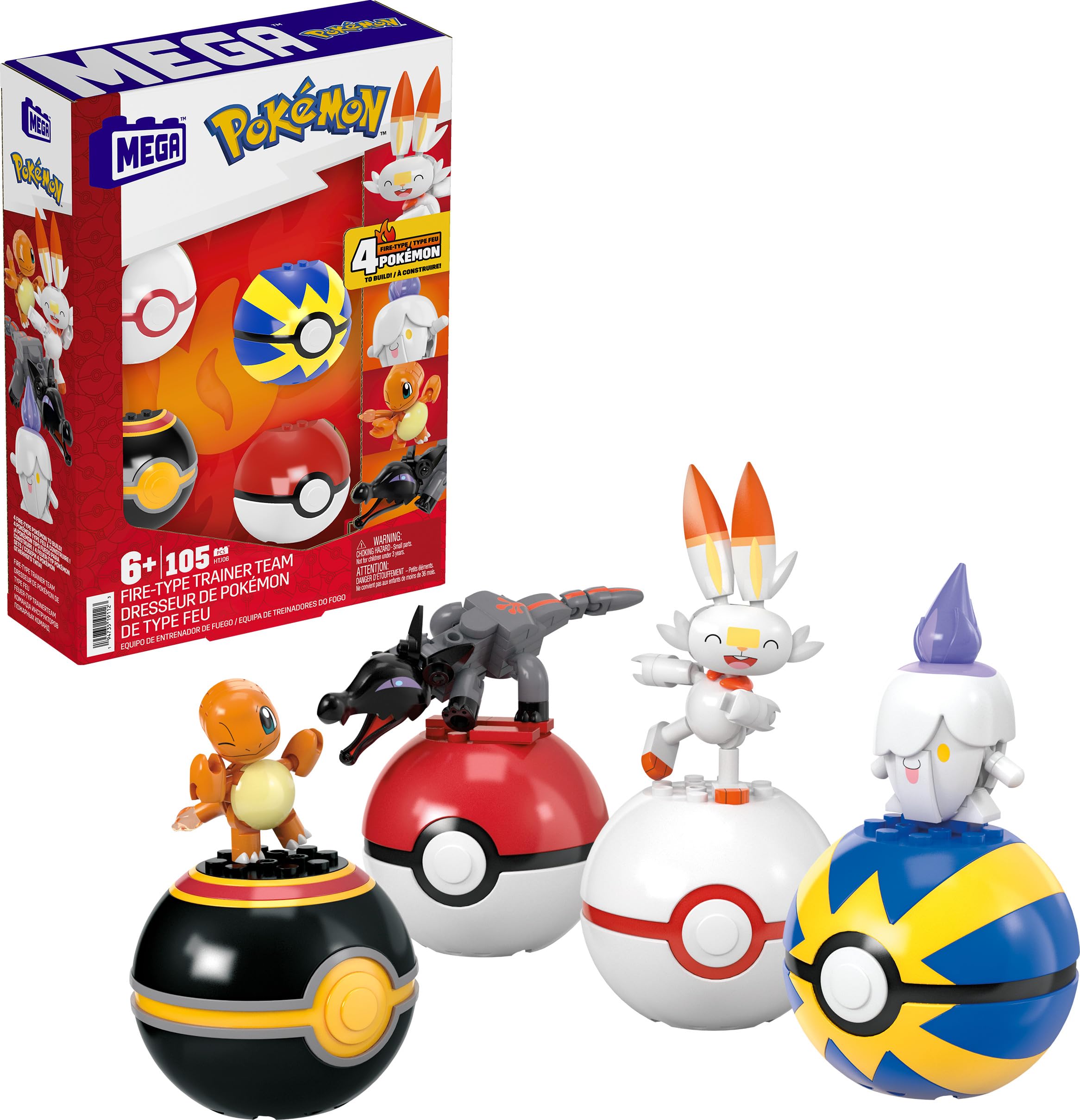 Mega Pokémon Action Figure Building Toys, Fire-Type Trainer Team with 105 Pieces, Poseable Salandit Litwick Charmander Scorbunny