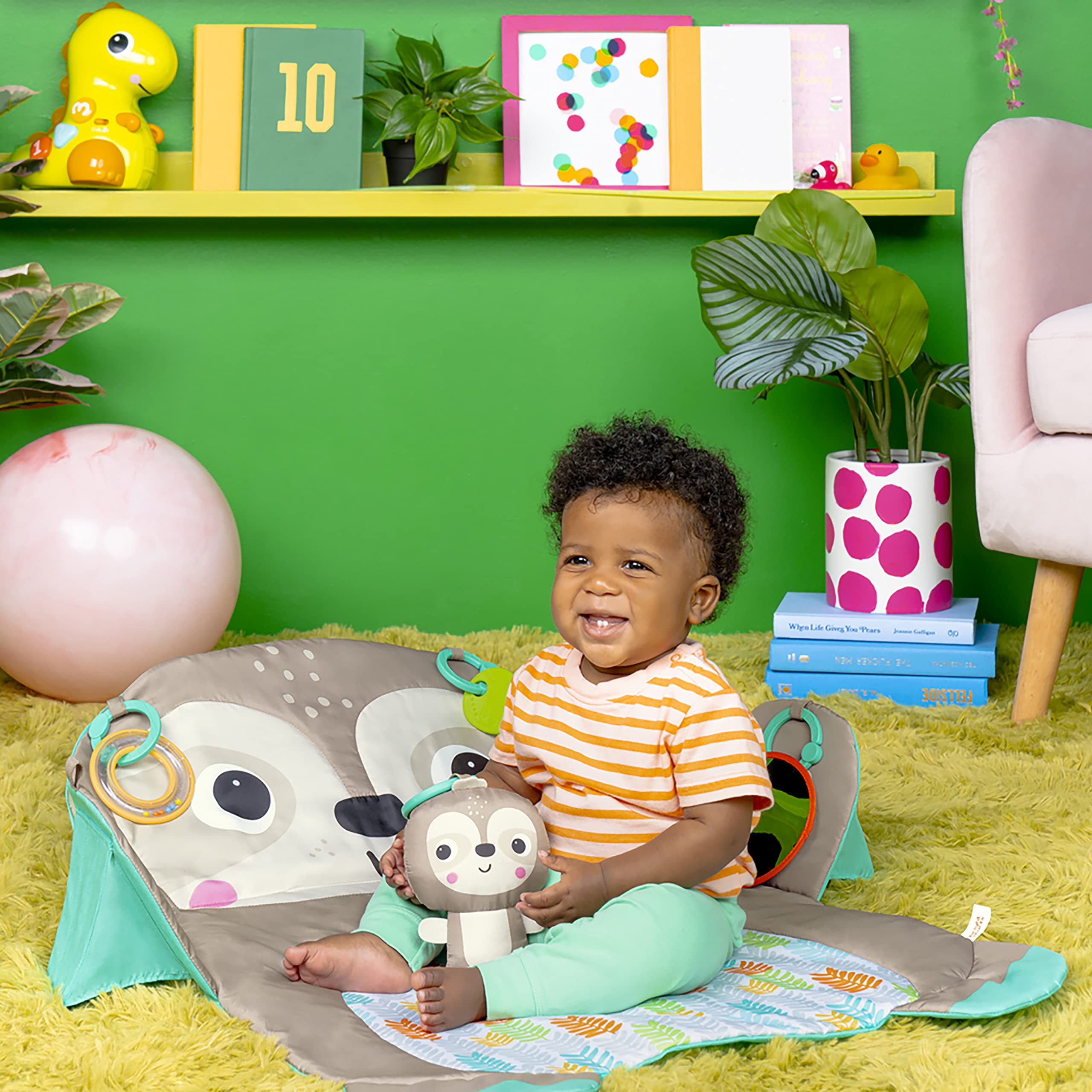 Bright Starts Tummy Time Prop & Play Baby Activity Mat with Support Pillow & Taggies - Sloth 36 x 32.5 in., Age Newborn+