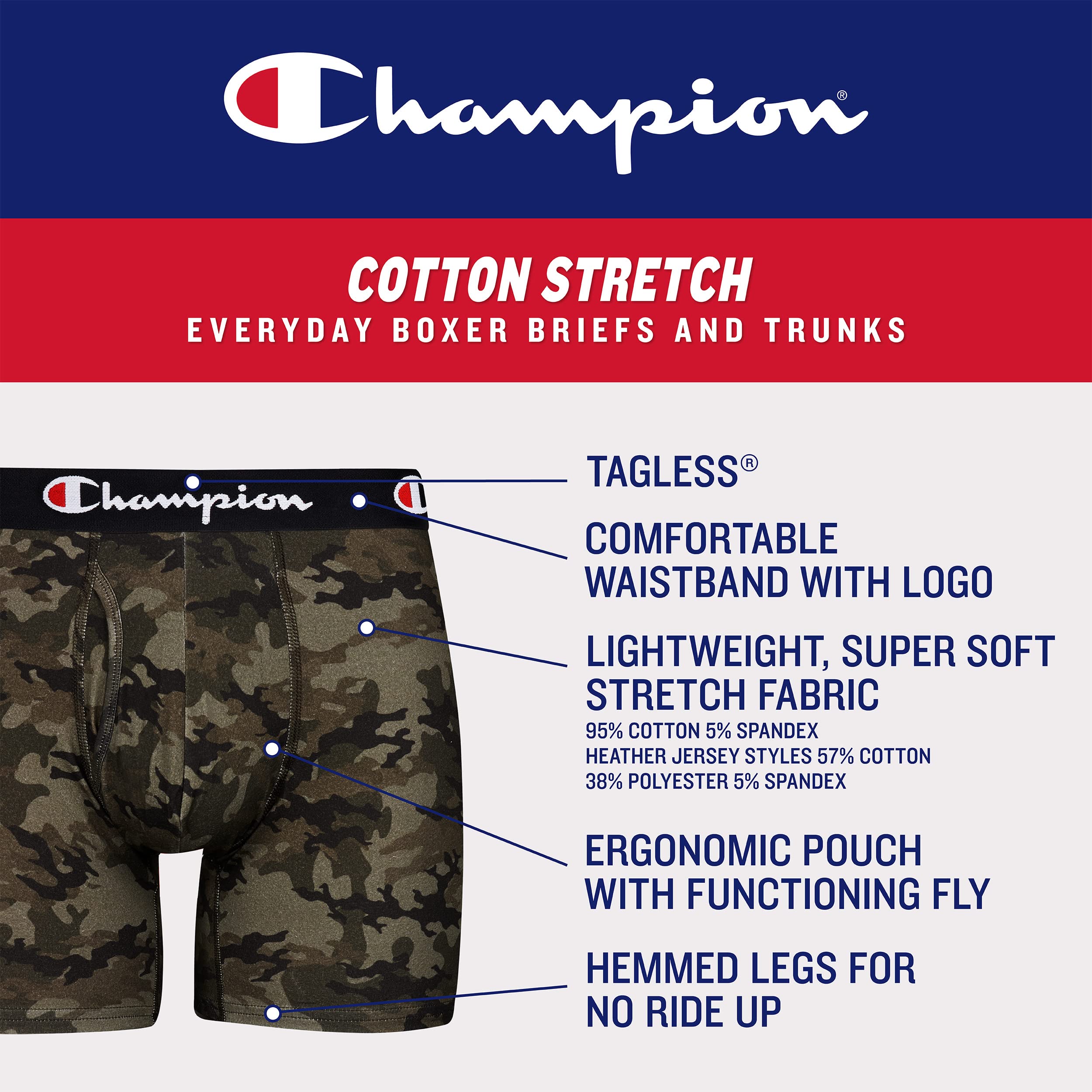 Champion Men Men's Cotton Stretch Boxer Briefs, 3 and 5 Packs Available