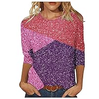 Womens 3/4 Sleeve Summer Tops Casual Color Block Sparkle Style T Shirts Crewneck Pullover Fashion Geometric Printed Blouses
