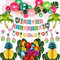 Golray Hawaiian Luau Birthday Party Decorations Supplies Girls Tropical Moana Summer Decor Balloon Arch, Silk Leaves Flowers, Pineapples, Cake Toppers, Trees Balloons, Flamingo Happy Birthday Banner