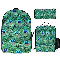 Funny Peacock Feather Print 17 Inch Laptop Backpack Lunch Bag Pencil Case Lightweight 3 Piece Set for Travel Hiking