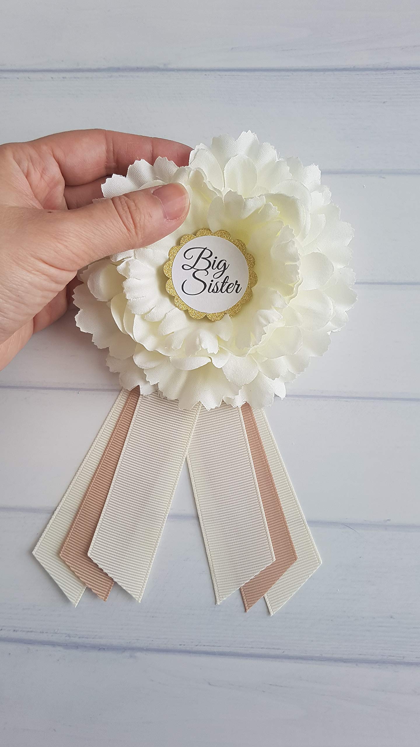 Mom To Be Sash and Dad To Be Pin By LMC | Baby Shower Belly Sash and Corsage | USA Handmade | Heat Sealed Ends | Ivory and Beige (Big Sister pin)