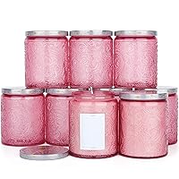 9 Sun Moon Stars Embossed Glass Candle Container with Lid and Labels - 8 oz (Pink)
