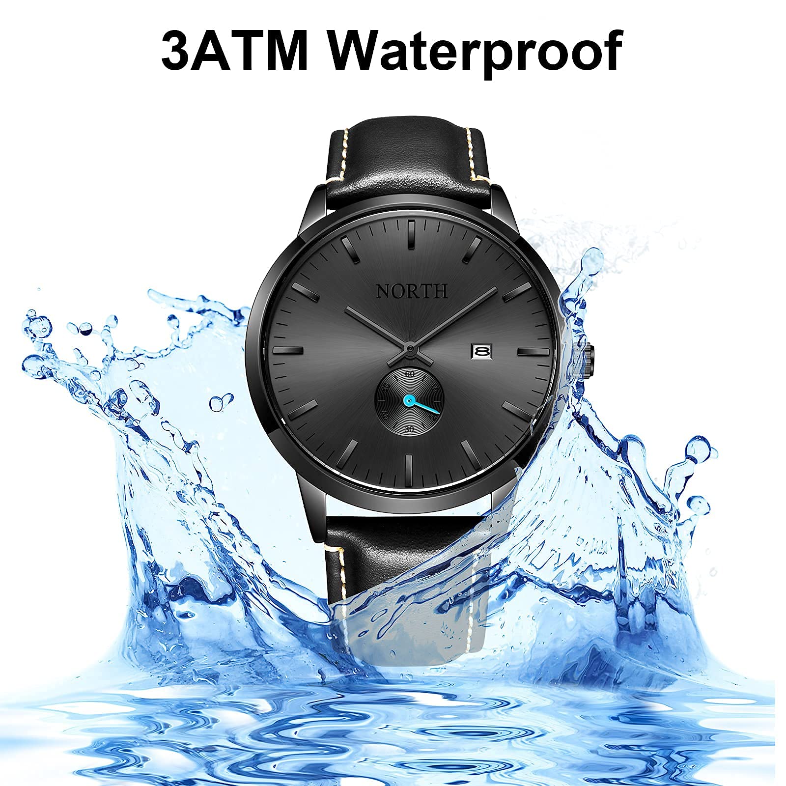 Black Waterproof Watch for Men,Analog Mens Watch with Day,Men's Wrist Watches Leather Band N6010