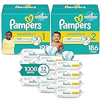 Baby Diapers and Wipes Starter Kit, Swaddlers Disposable Sizes 1 (198 Count) & 2 (186 Count) with Sensitive Water Based 12X Multi Pack Pop-Top Refill (1008 Count)