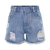 FEESHOW Little Girls Kids Casual Ripped Denim Shorts Elastic Waist Vintage Pull On Short Jeans Summer Wear