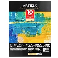 Arteza Canvas Pad, 9 x 12 Inches, 10 Sheets, 100% Cotton, 12.3-oz Gesso Primed, Glue-Bound Canvas Paper for Oil and Acrylic Painting, Art Supplies for Mixed Media Techniques