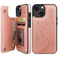 Vaburs Compatible with iPhone 13 Case Wallet with Card Holder, Embossed Butterfly Pattern PU Leather Double Buttons Flip Shockproof Protective Cover for Magnetic Car Mount 6.1 Inch (Rose Gold)
