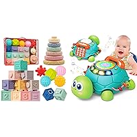 Baby Toys 6 to 12 Months, Incl Musical Crawling Turtle Toys & Stacking Building Blocks & Soft Infant Teething Toys & Sensory Balls, Ideal Baby Boy Girl Gifts for Toddlers 0-3-6-9-12 Months