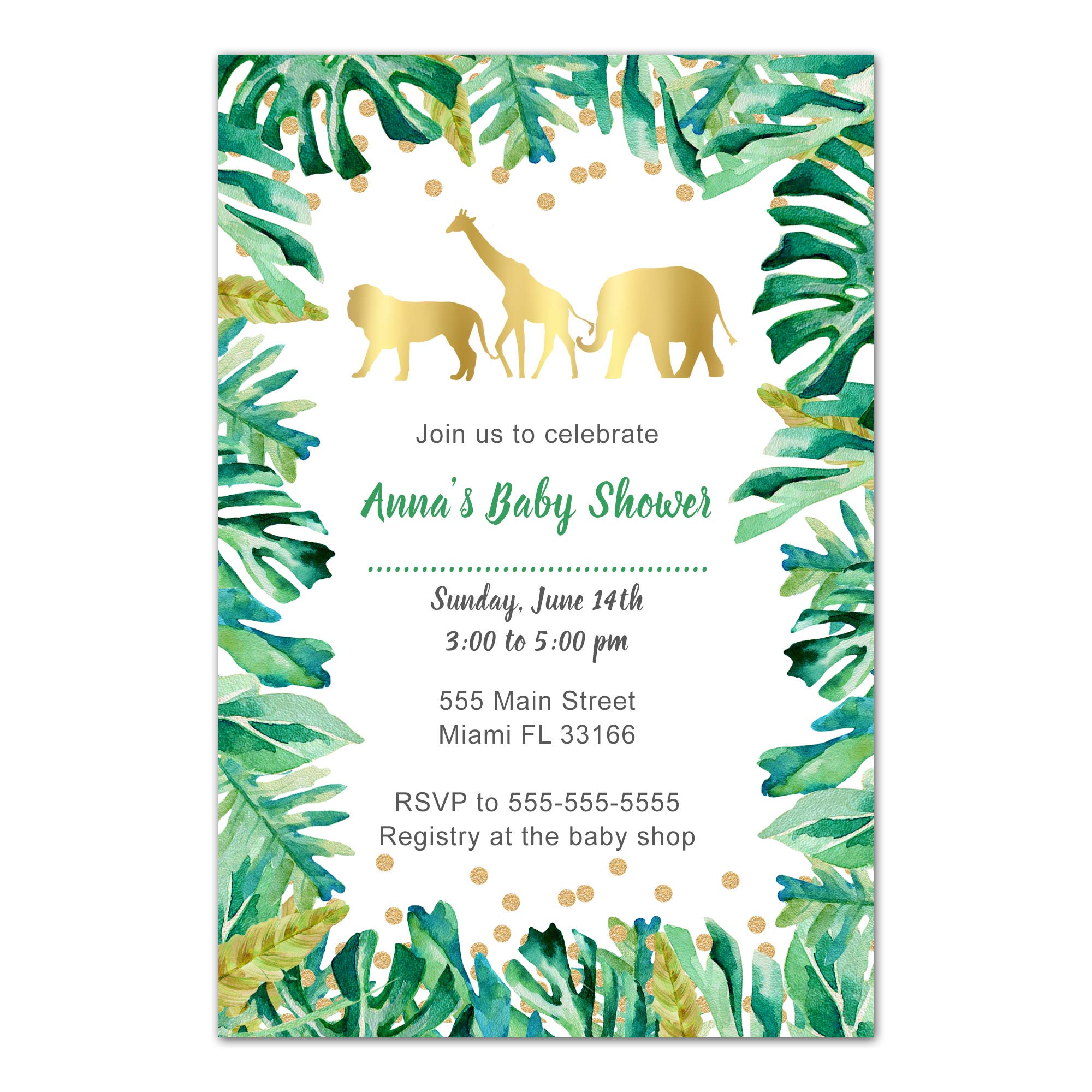 30 Invitations Jungle Green Gold Personalized Cards Baby Shower Photo Paper