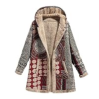 Womens Button Down Jacket Coat Faux Fur Lined Hoodies Ethnic Print Vintage Exotic Outerwear Winter Thicken Overwear