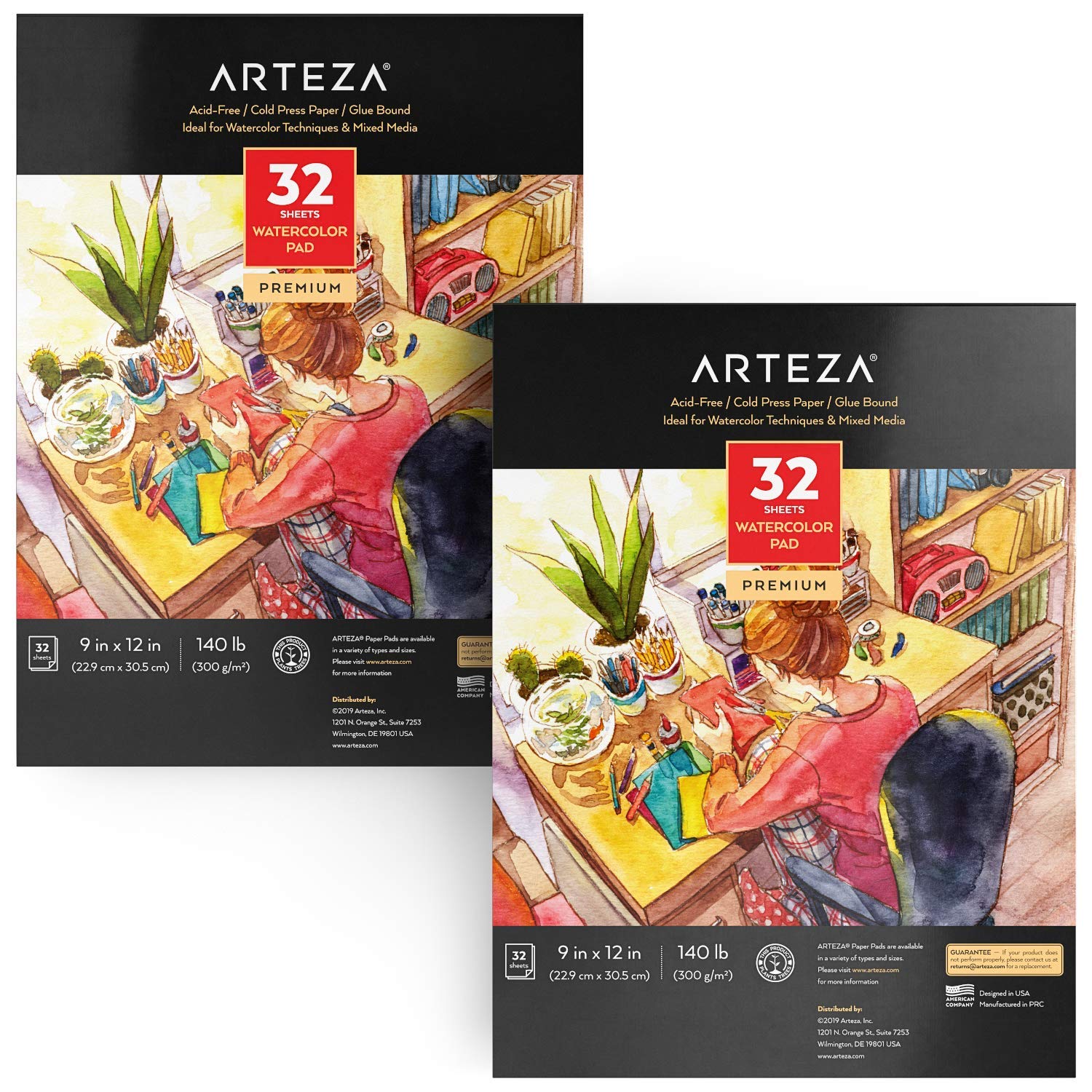 Arteza Watercolor Paper 9x12 Inch, Pack of 2, 64 Sheets (140lb/300gsm), Cold Pressed Art Sketchbook Pad, Art Supplies for Painting & Drawing, Wet, Mixed Media