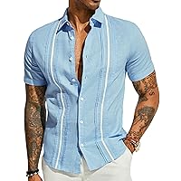 PJ PAUL JONES Men's Casual Button Down Shirts Linen Cuban Guayabera Shirt Color Blocking Stripes Cotton Beach Shirts